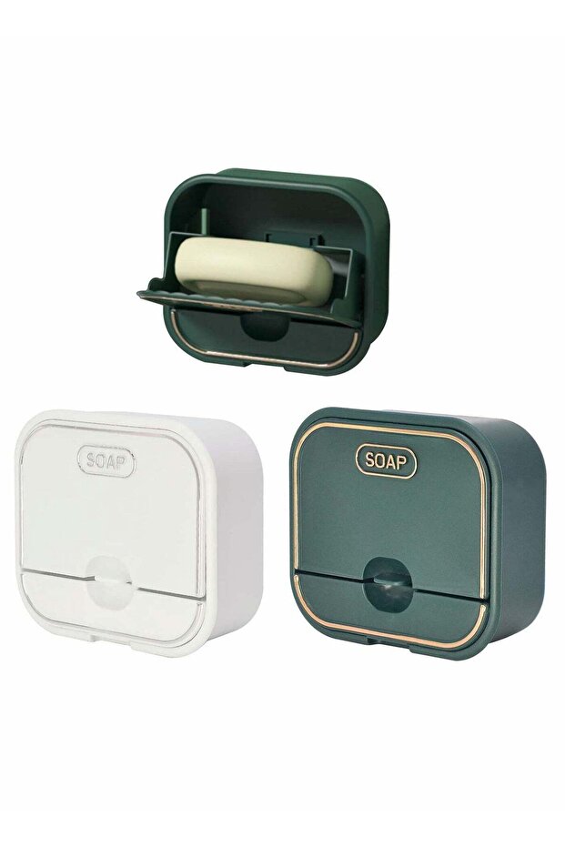 Soap Holder, Green+White 2Pcs, with Drain Wall Mounted Soap Box for Shower, Bathroom, Bathtub, Kitc