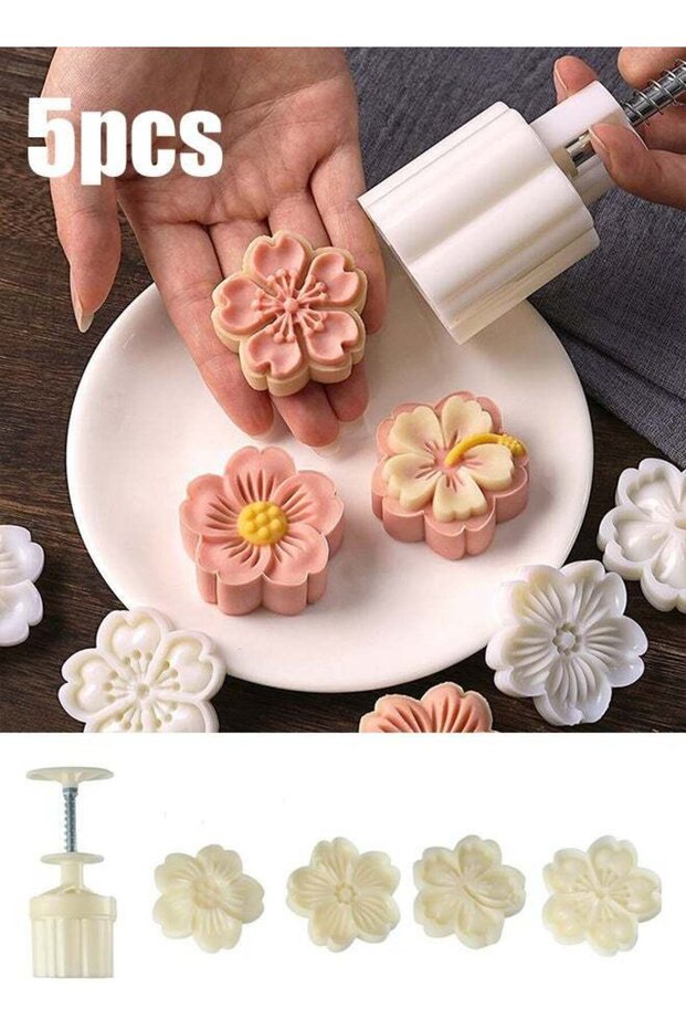 Cake Mold Set 5Pcs 50g Cookie Stamps, Cherry Blossom Floral DIY Hand Press Cookie Dessert Cutter P