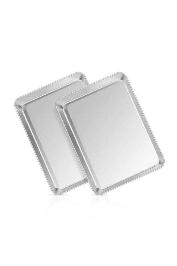 2 Pack Small Stainless Steel Oven Baking Tray 23x18x2.5cm, Non Toxic Rust Free Cookie Sheet Pan Mir