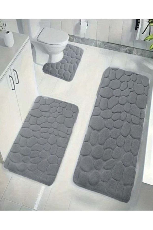 3-Piece Bathroom Coral Velvet Floor Mat Suit Absorbent Anti-Slip Toilet Carpet Set Dark Grey