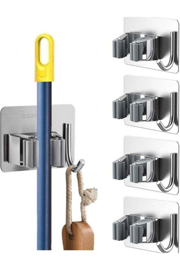 4 PCS Mop Broom Holder Wall Mount - Mop Holder Self Adhesive No Drilling Super Anti-Slip Broom Hold