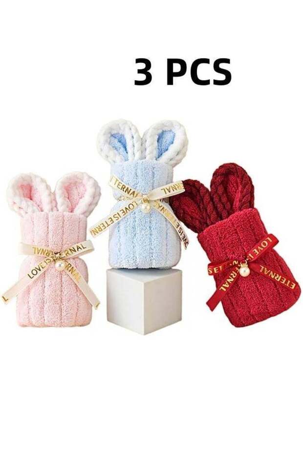 Little Rabbit Coral Fleece Towel Set for Children - Soft, Adorable Hand Towel in Red, Blue, Pink (8