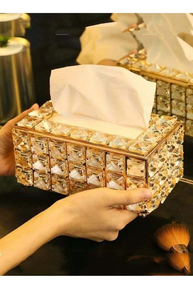 1-Piece Rectangle Shape Tissue Box Holder Organizer Crystal Glass/Metal 20x11x9 Centimeter