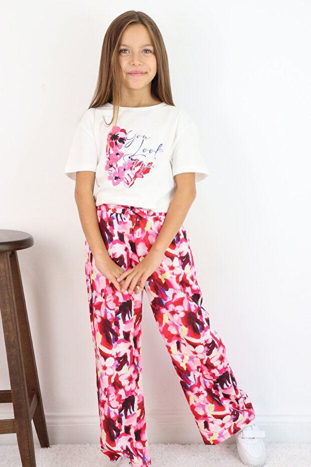 Girl's Trouser Suit with Floral Print Pants and Patterned Bow Detail, Ages 8-12, Ecru