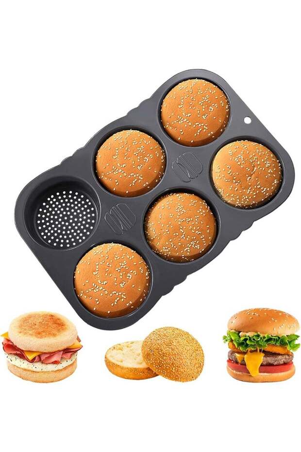Silicone Hamburger Bun Mold 6 Cavity, Non Stick Bread Baking Pan, Easy Release Loaf Mold for Oven U