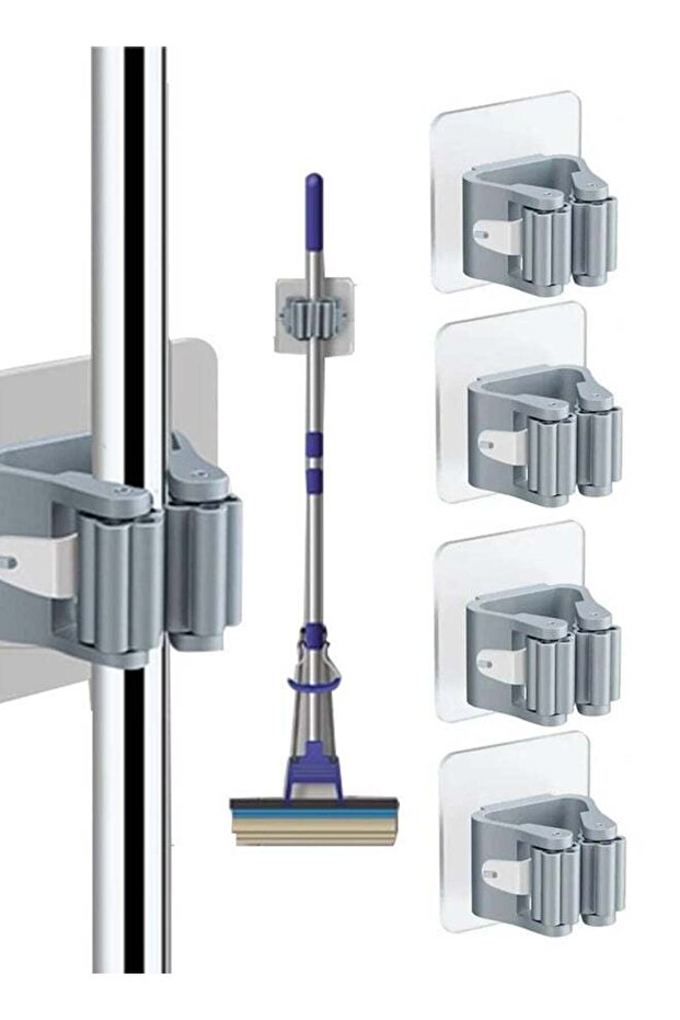 4-Piece Mop and Broom Holder Wall-Mop Storage Rack Plastic Hanging Mop Storage Rack Punch-Free Clip