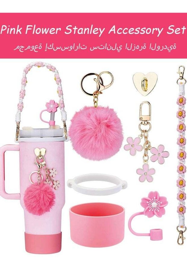 7Pcs Pink Flower Accessory Set for 40oz Stanley Tumbler Including Cup Shoulder Strap Silicone Botto