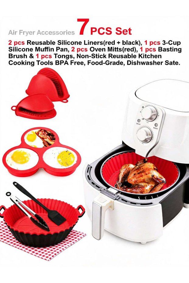 Air Fryer Accessories 7PCS Set – 2pcs Reusable Silicone Liners(red + black), 1pcs 3-Cup Silicone Mu