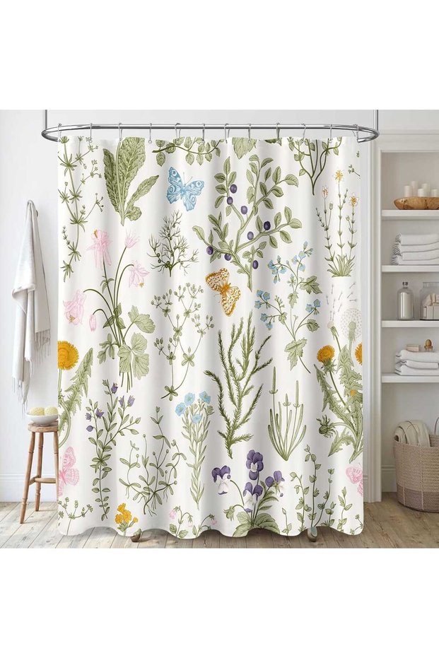 Sage Green Floral Shower Curtain, Boho Botanical Waterproof Polyester Fabric, Vintage Cottagecore B