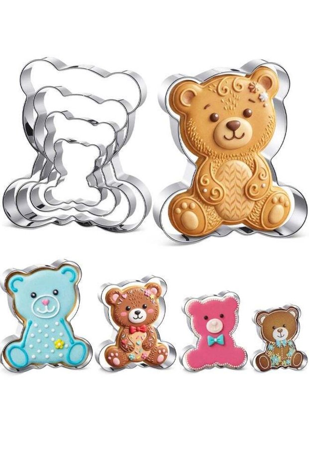 4 Pcs Bear Cookie Cutter Set, Cute Stainless Steel Bear Cookie Cutters Fondant Biscuit Cooking Uten