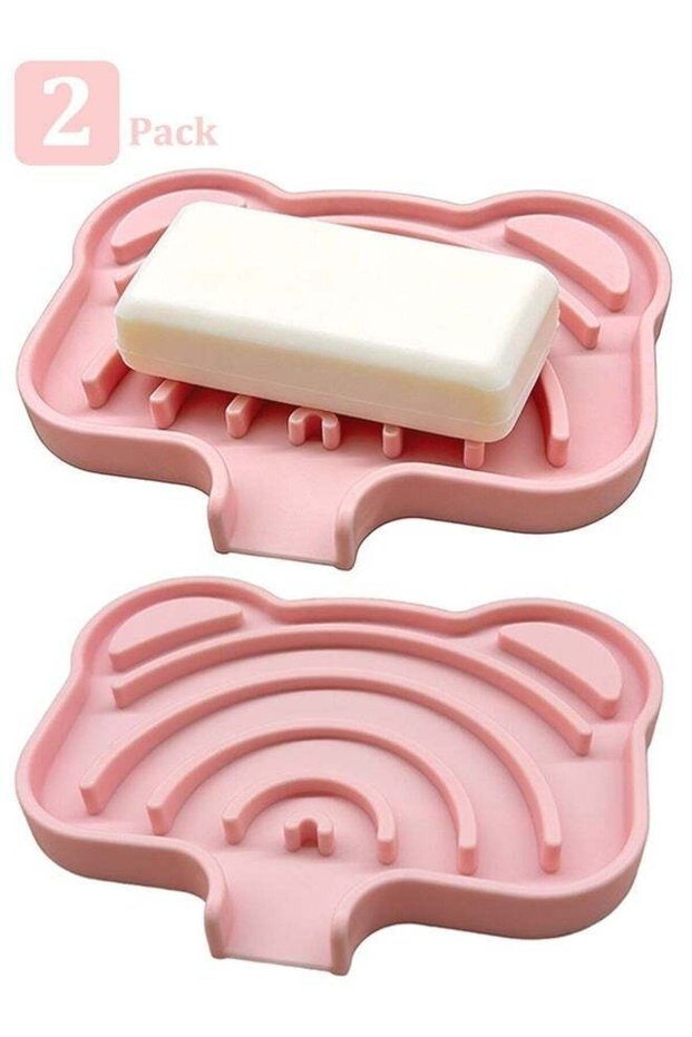 2PCS Pink Silicone Soap Dish Tray, Self Draining Anti-Slip Soap Holder Keep Soap Dry Easy Clean for