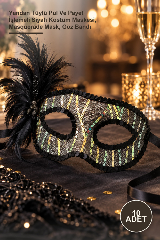 10 Pieces Party Mask – Black Costume Mask with Side Feathers, Sequins and Beads, Masquerade Mask, Eye Patch
