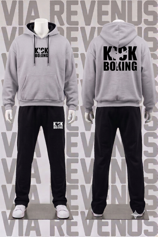 Kickboxing Printed Hooded Kangaroo Pocket Wide Fit 3 Thread Rastering Sweatpants Set