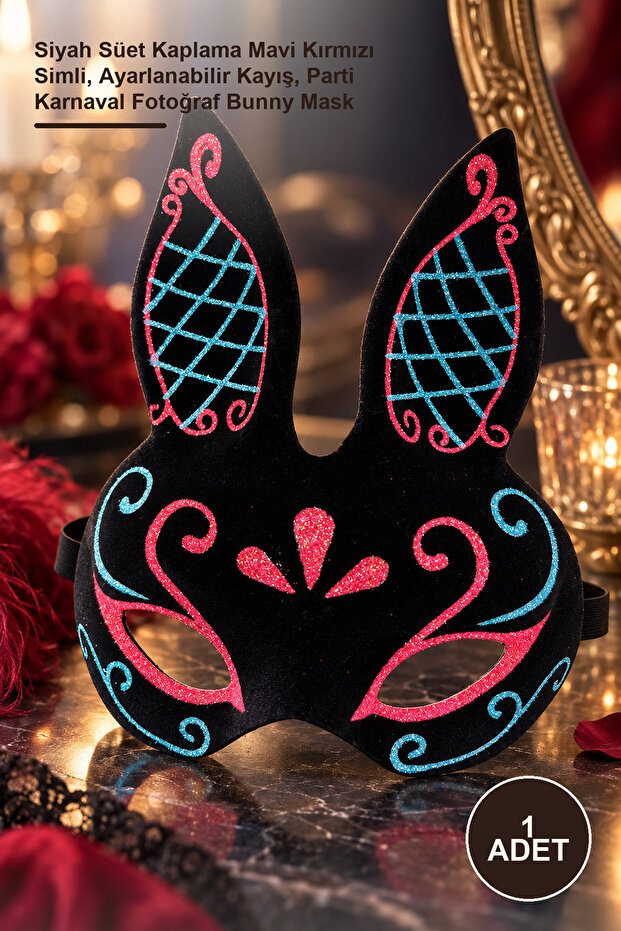1 Piece Rabbit Mask – Black Suede Covering with Blue Red Glitter, Adjustable Strap, Party Carnival Photo Bunny Mask