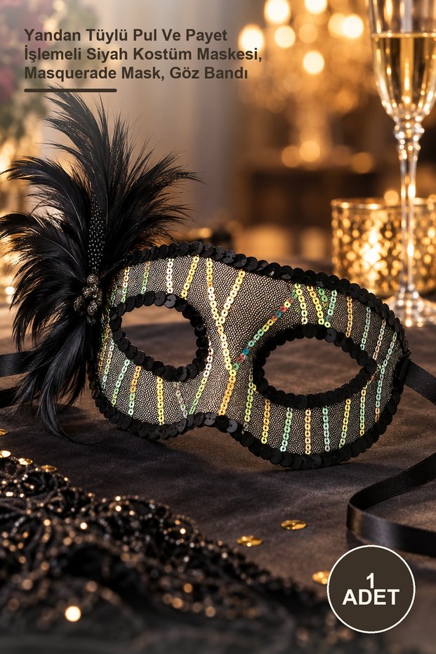 1 Piece Party Mask – Black Costume Mask with Side Feathers, Sequins and Beads, Masquerade Mask, Eye Patch