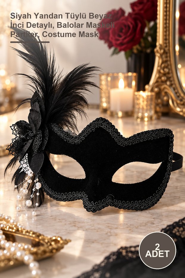 2 Pieces Suede Covered Party Mask – Black with Feather Trim and White Pearl Detail, Masquerade Balls, Costume Mask