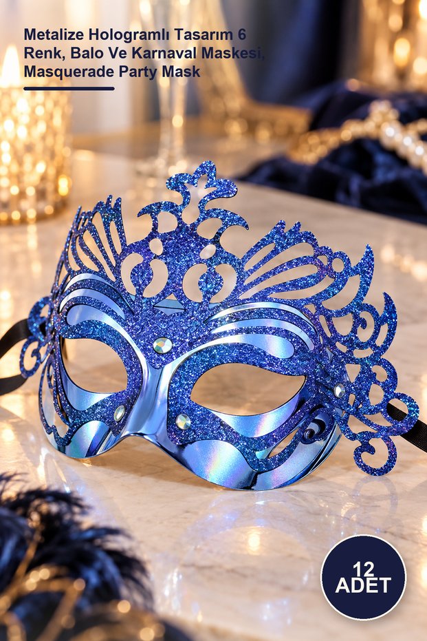 12 Pieces of Venetian Party Masks – Metallized Hologram Design in 6 Colors, Prom and Carnival Mask, Masquerade Party Mask