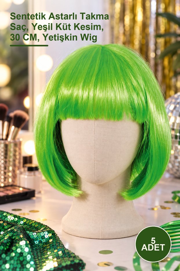 5 short bob party wigs - synthetic lined hairpiece, green bob cut, 30 cm, adult wig