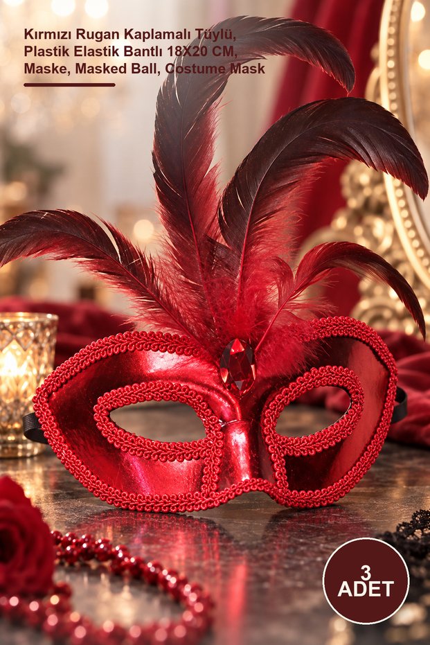 3 Pieces Party Mask – Red Patent Leather Covered with Feathers, with Plastic Elastic Band 18X20 Cm, Mask, Masked Ball, Costume Mask