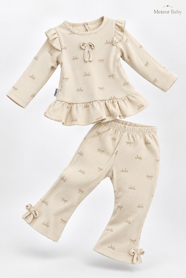 Baby Girl Set with Bow Pattern and Ruffles, 2-Piece Top and Bottom Set, Seasonal, 3 6 9 12 Months