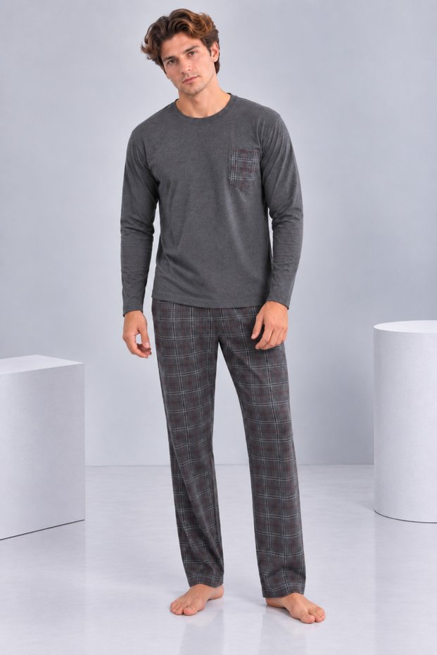 Men's Anthracite Gray Plaid Pants and Pocketed Long Sleeve Pajama Set