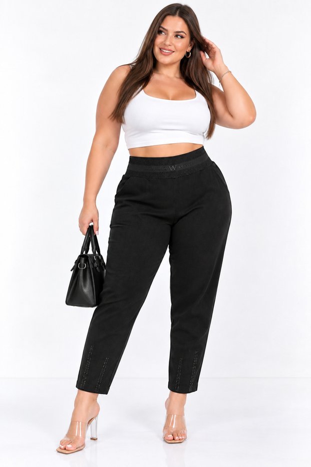Plus Size Glittery High Waist Pocketed Women's Trousers with Stone Embellishments on the Legs