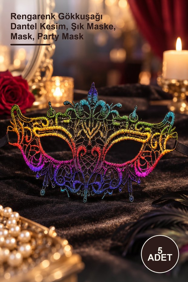 5 Pieces of Lace Embroidered Prom Party Mask – Colorful Rainbow Lace Cutout, Stylish Mask, Mask, Party Mask