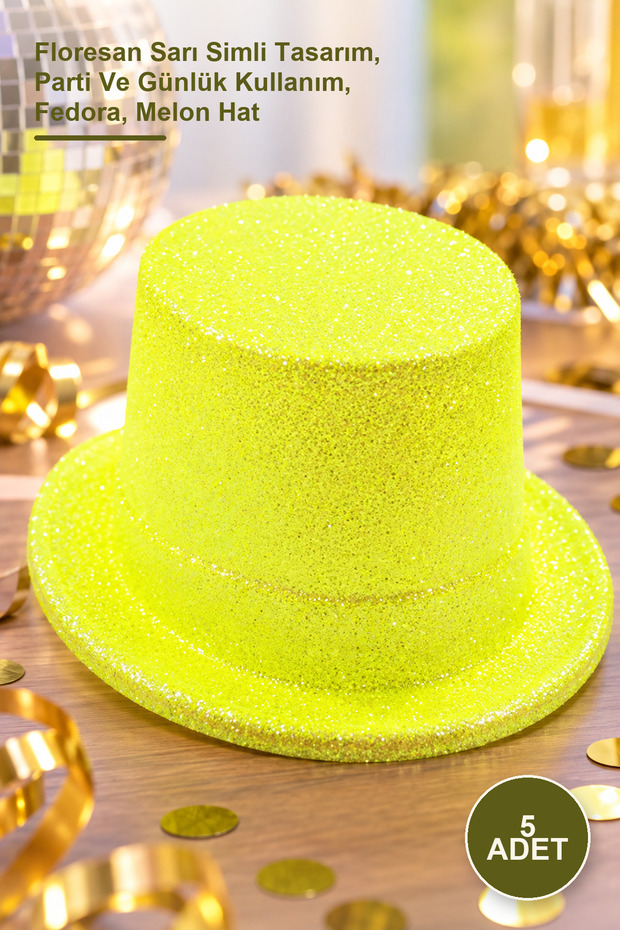 5-piece long fedora bowler hat set – fluorescent yellow glitter design, perfect for parties and everyday wear, fedora, bowler hat