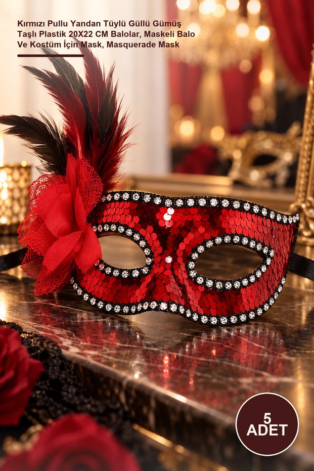 5 Pieces Masks – Red Sequined, Side Feathered, Rose-Embellished, Silver Stone Plastic 20X22 cm Mask for Balls, Masquerade and Costume, Masquerade Mask