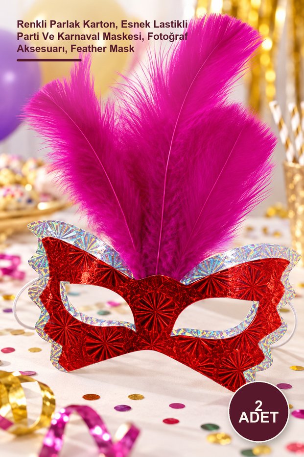 2 Piece Feather Cardboard Mask Set – Colorful Shiny Cardboard, Flexible Elastic Party and Carnival Mask, Photography Accessory, Feather Mask