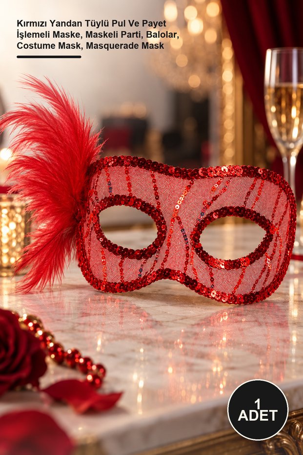 1 Piece Party Mask – Red Mask with Feathers, Sequins and Beads, Masked Party, Balls, Costume Mask, Masquerade Mask