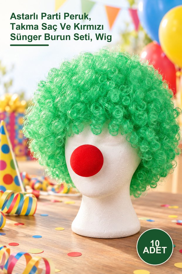 10 pcs green curly afro wig - lined party wig, fake hair and red sponge nose set, wig
