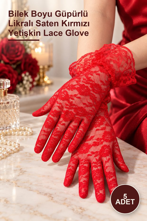 5 Pieces of Lace Gloves – Wrist-Length Laced Lycra Satin Red Adult Lace Gloves