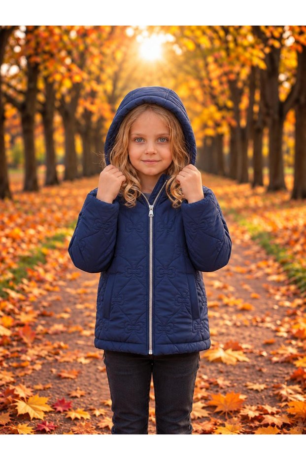 Bow Patterned Water and Wind Resistant Girls' Coat