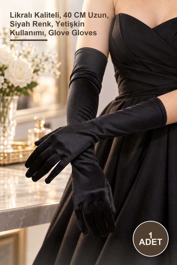 1 Piece Long Length Extra Shiny Satin Gloves – Lycra Quality, 40 cm Long, Black Color, Adult Use, Glove Gloves