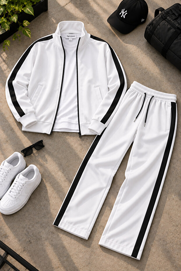 Men's Scuba Tracksuit Set Stripe Detailed Zippered Stand Collar Jacket and Pants 2-Piece Sports Set