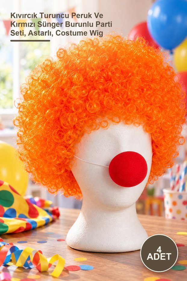 4 Pieces Afro Bonus Wigs – Curly Orange Wig and Red Sponge Nose Party Set, Lined, Costume Wig