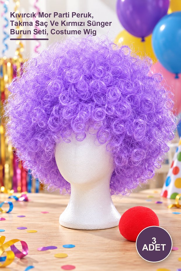3pcs afro bonus wig - curly purple party wig, fake hair and red sponge nose set, costume wig