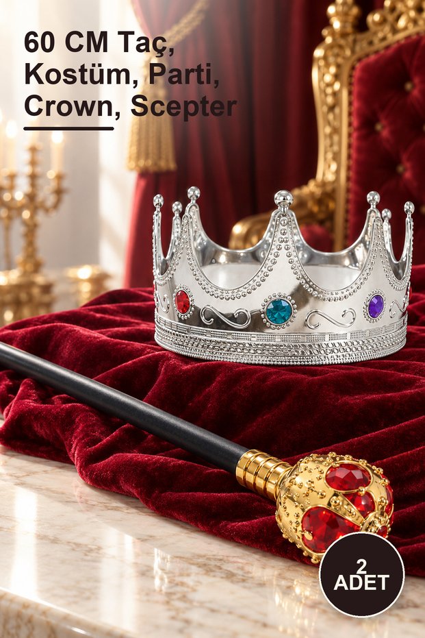 2 Pieces Silver Stone King's Crown and Red Gold Handle King's Scepter Set – 60 cm Crown, Costume, Party, Crown, Scepter
