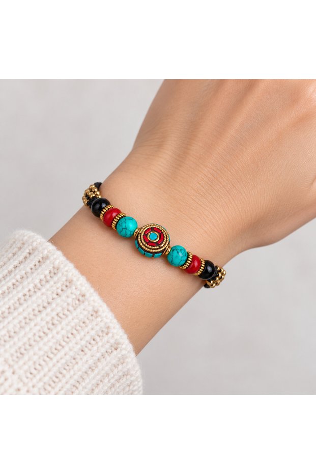 Ethnic Patterned Turquoise Red Beaded Braided Bracelet – Authentic Bohemian Accessory