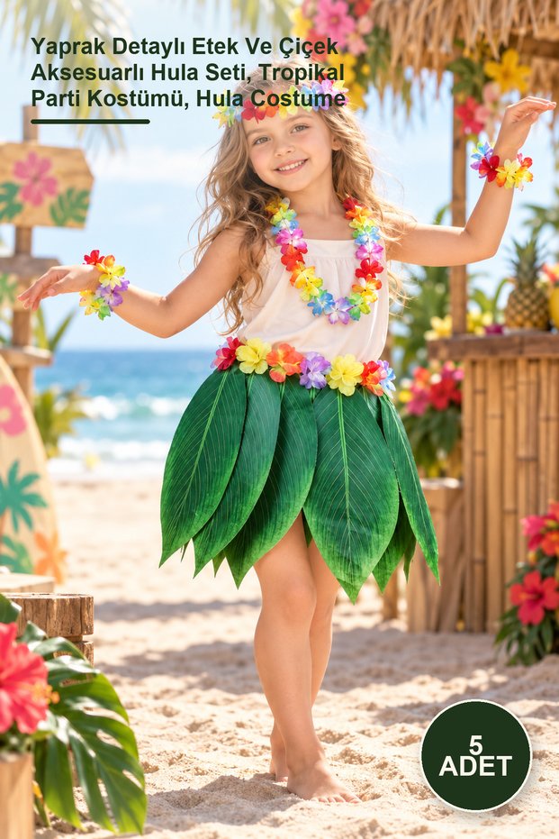 5 Pcs Kids Hawaiian Costume – Hula Set with Leaf Detailed Skirt and Flower Accessories, Tropical Party Costume, Hula Costume