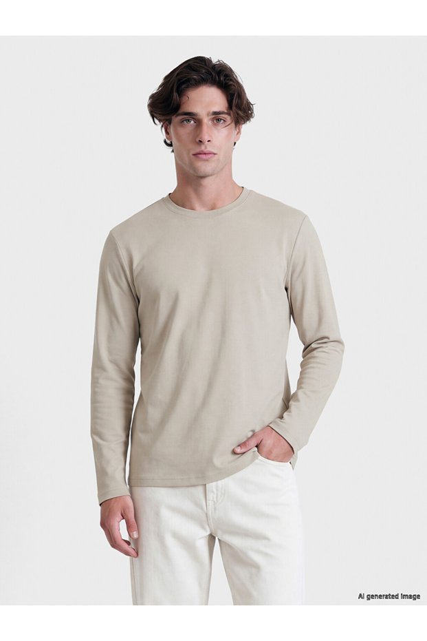 Vizyon New Season Beige Crew Neck Long Sleeve Men's T-Shirt