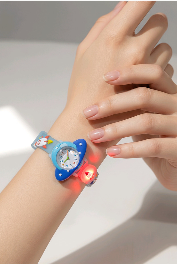 Lighted Children's Wristwatch with Rocket and Space Theme, Blue Color Silicone Strap, Educational Dial (Without Box)