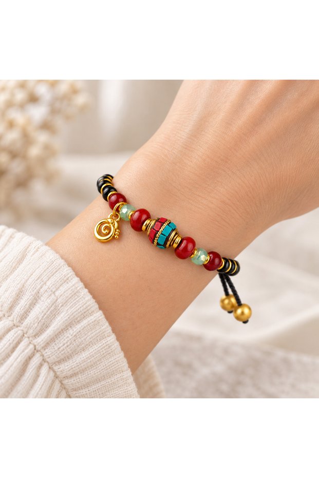 Bohemian Red Black Beaded Figure Detailed Handmade Bracelet Model