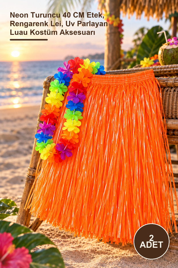 2 Pcs Hawaiian Party Skirt and Flower Necklace Set – Neon Orange 40 cm Skirt, Colorful Lei, Uv Glowing Luau Costume Accessory