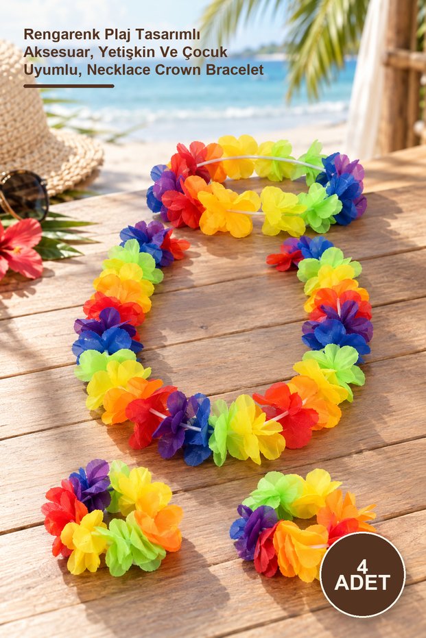 4-Piece Hawaiian Necklace Crown Bracelet Set – Colorful Beach Design Accessory, Adult and Child Compatible, Necklace Crown Bracelet