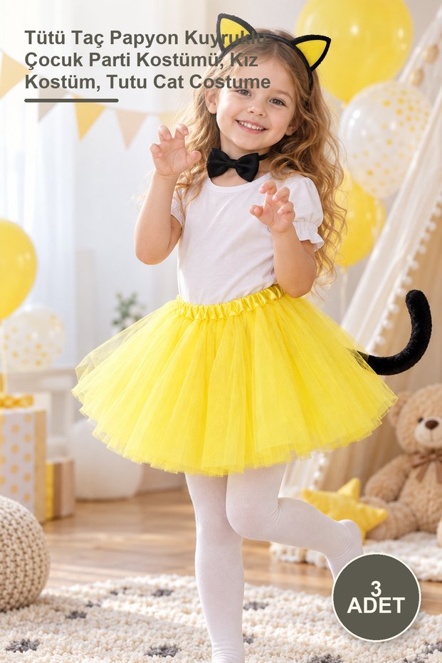3 Pcs Yellow Skirted Cat Costume Set – Tutu Crown Bowtie Tail Kids Party Costume, Girls Costume, Tutu Cat Costume