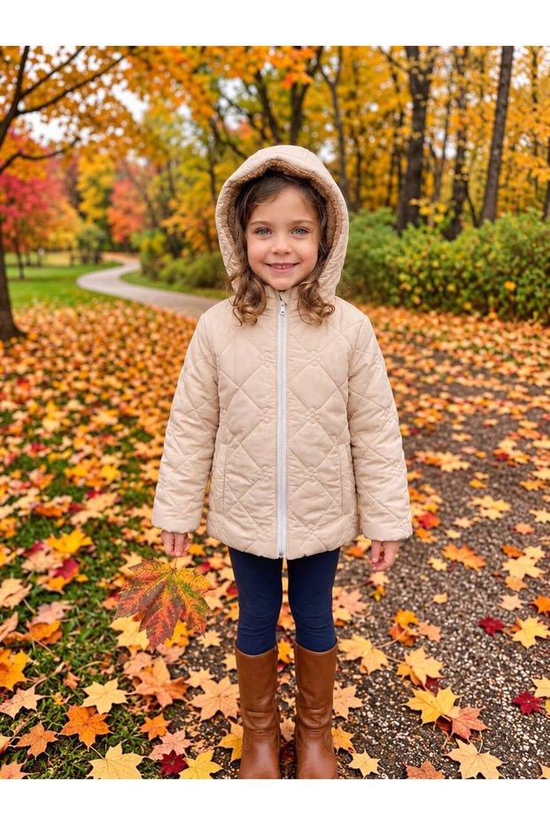 Floral Quilted Patterned Water and Windproof Girls' Coat