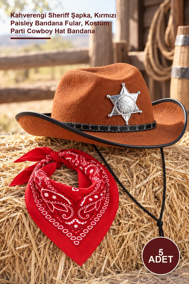 5-Piece Children's Cowboy Hat and Bandana Set – Brown Sheriff Hat, Red Paisley Bandana Scarf, Costume Party Cowboy Hat Bandana