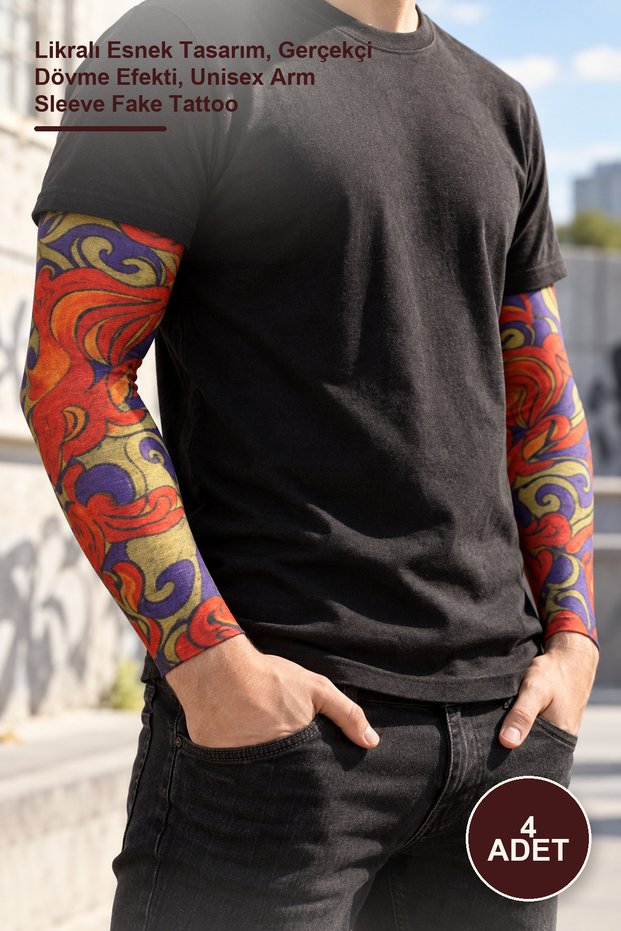 4 Pieces Wearable Tattoo Arm Socks – Flexible Design with Lycra, Realistic Tattoo Effect, Unisex Arm Sleeve Fake Tattoo